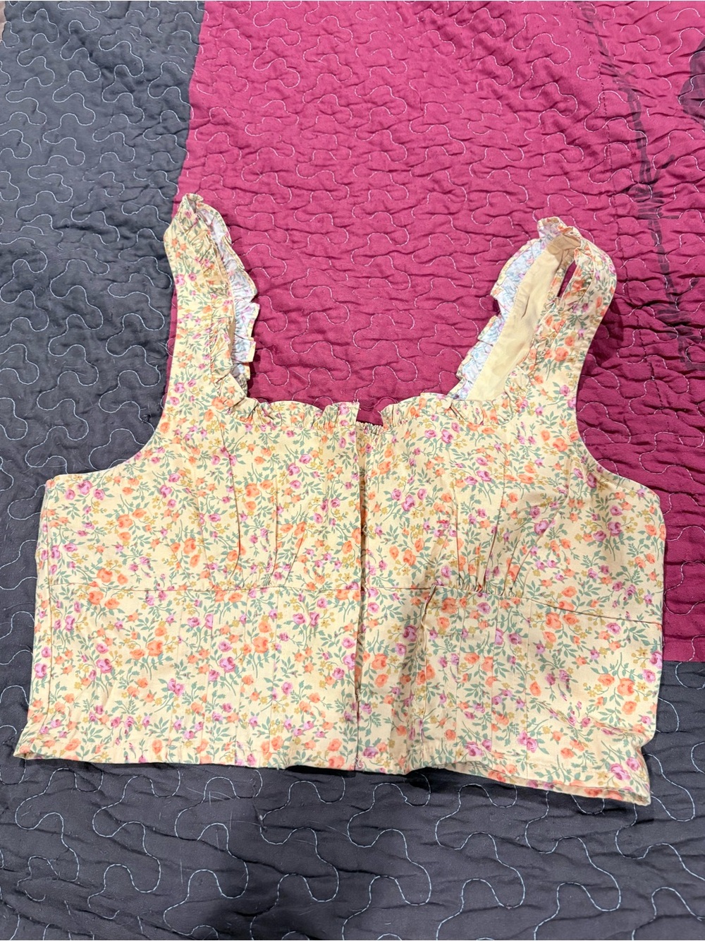 American Eagle Outfitters Floral Ruffle-Strap Crop Top in Cream and Pink